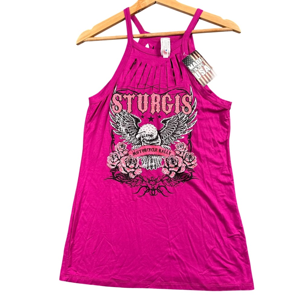 Sturgis Black Hills Motorcycle Rally Eagle Rhinestone‎ Tank Pink Biker L NWT